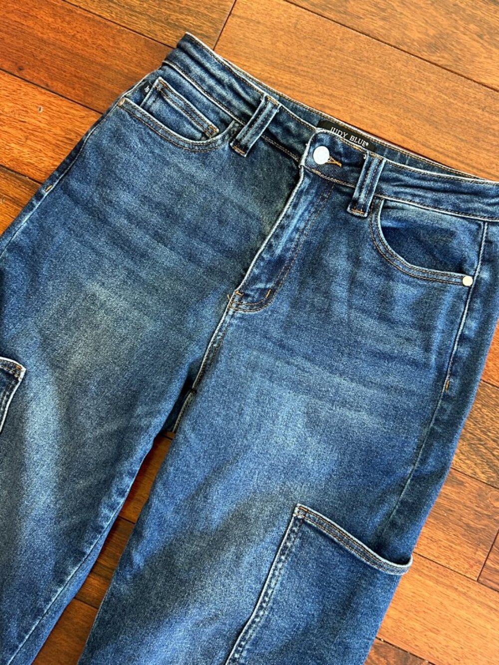 Judy Blue Jeans Womens 7/28 Wide Leg Cargo High Rise Dark Wash Stretch Denim - Picture 2 of 7